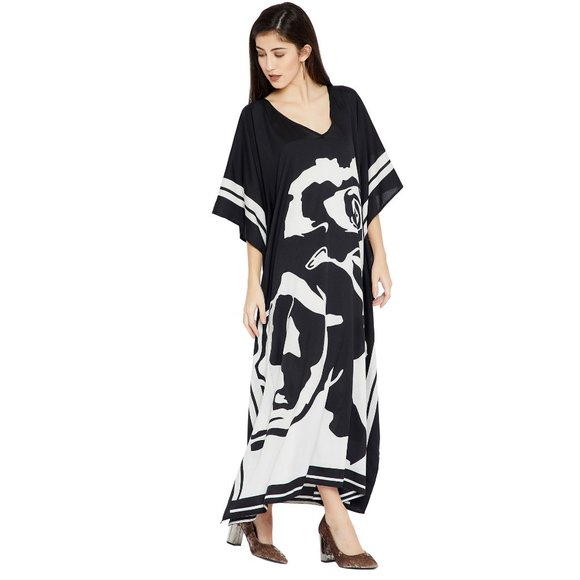 Women Floral Printed Kaftan Maxi Dress Black Moo Moos Cover Up by Gypsie Blu - Picture 6 of 9